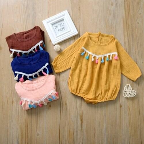 2020 Autumn Baby Girls Onesies Tassels Triangle Rompers Active Solid Cotton Full Sleeve O-Neck Jumpsuits Kids Clothes