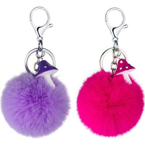 8Colors Fluffy Artificial Rabbit Fur Ball Mushroom Key Chain Multicolor Pompons Keychain Women Car Bag Charms Keychain Jewelry