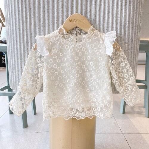 England Style Kids Girl Fly Sleeve Lace Bottoming Shirt Spring Autumn Solid Princess T-shirt Elegant Girls Clothes For 2-7Yrs