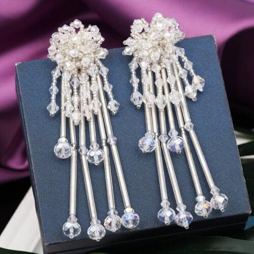 Hesiod Exaggerated Full Crystal Earrings Wedding White Black Beaded Tassel Flower Tassel Big Drop Dangle Earrings for Women