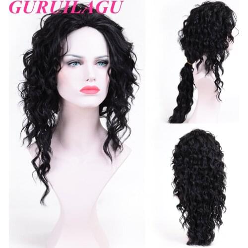 GURUILAGU Long Wavy Wigs for Men Black Curly Wig Male Heat Resistant Fiber Synthetic Hair Cosplay Wig