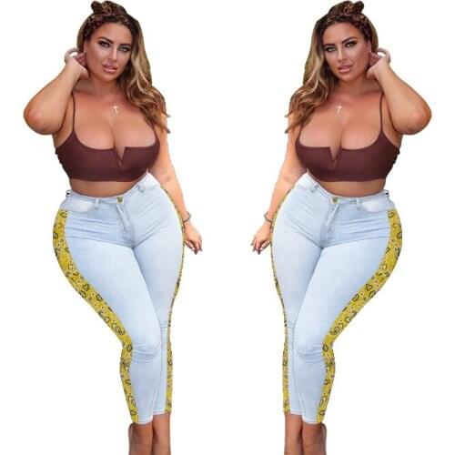 Womens Cashew Pattern Stitching Trendy Jeans Womens Slim Trousers