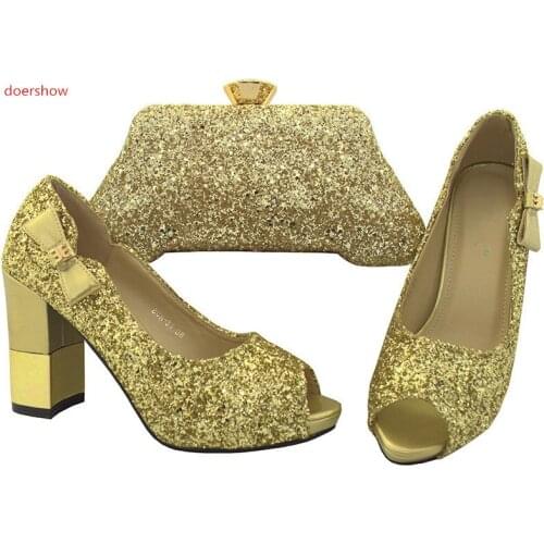 Doershow Matching Shoes and Bag Set African Italian gold Shoes and Bag Set High Heels Italian Design African Party Shoes SWR1-4