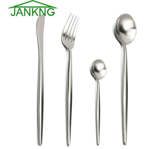 JANKNG 24Pcs Flatware Cultery Set Black Gold 304 Stainless Steel Dinnerware Set Service Forks Spoons Tableware Silverware Set