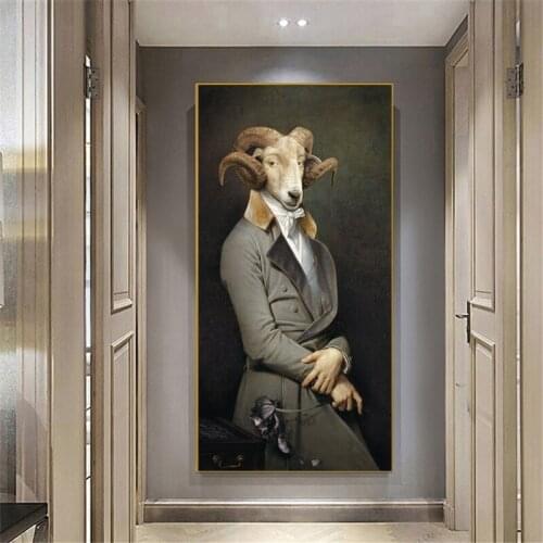 Classic Retro Nostalgia Gentleman Canvas oil paintings Wall Art Animal Sheep Goat Posters HD Prints For Living Room Home decor
