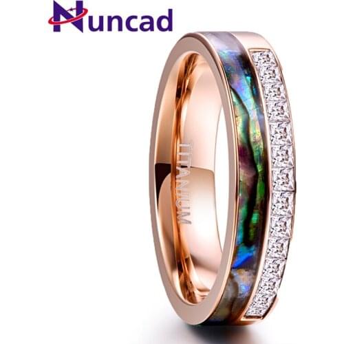 Nuncad 6MM Rose Gold Crystal Stainless Steel Ring for Men Women Natual Shell Square CZ Stone Ring Wedding Jewelry Gift Full Size