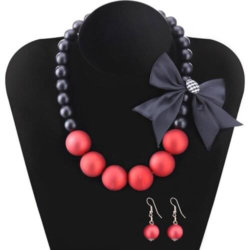 Fashion Womens Jewelry Set Bow-Knot Beaded Sweater Chain Necklace Dangle Earring Gift for Party Anniversary