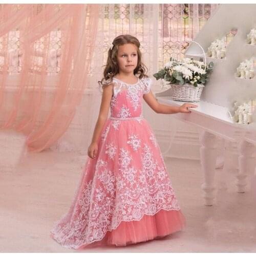 Lace First Holy Communion Dresses Kids Evening Gowns Floor Length Little Flower girl Dresses Blush Pink Pageant Gown