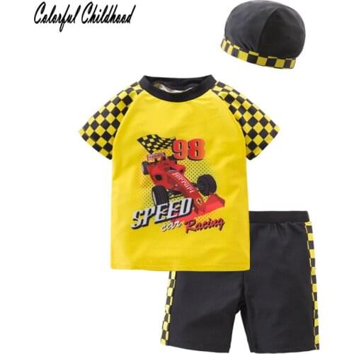 Toddler Kids Girls Boys Swimsuit Summer Boutique Clothes Printed Racing car Outfits Clothing 3PCS Set Beachwear Shirt+Trunks+Hat