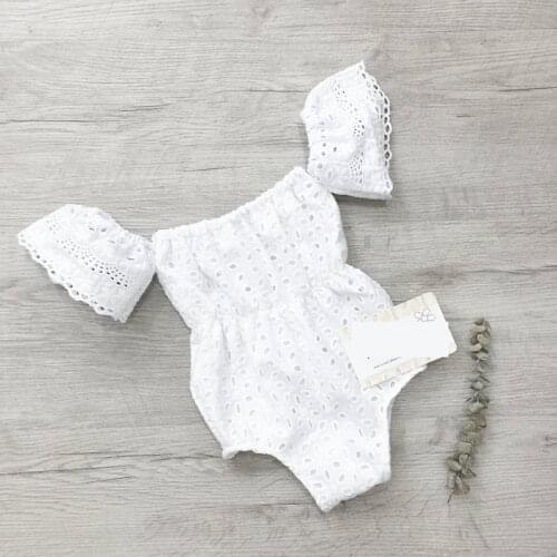 FOCUSNORM 0-18M Summer Infant Baby Girls Rompers Off Shoulder Short Sleeve Lace Hollow Out Jumpsuits