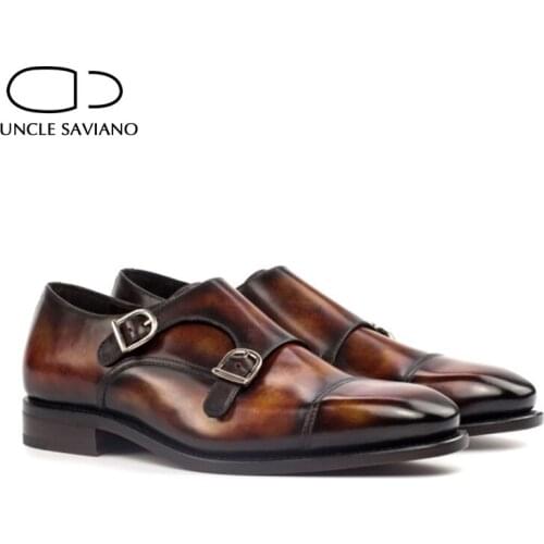 Uncle Saviano Double Monk Brown Buckle Strap Mens Shoes Solid Fashion Luxury Designer Genuine Leather Best Men Handmade Shoes