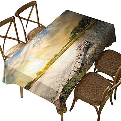 Printed Tablecloth With Natural Wood Decks And Lake Foliage For Outdoor And Indoor Use