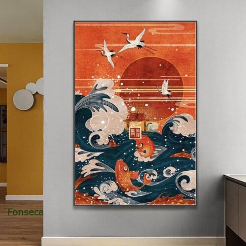 Japanese Style Landscape Canvas Painting Wave Crane Red Sun Poster Wall Art Pictures For Living Room Modern Home Decoration