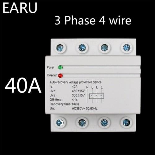 32A 60A 380V 3P+N Din Rail Self Recovery Restore Automatic Reconnect Over & Under Voltage Lightening Protection Protective Relay