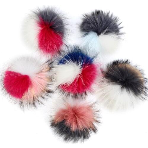 DIY 15cm 3-color stitching Raccoon Fur Pompom Fluffy Patchwork Fur Balls Knit Cap Hat Beanies Knitted Scarves