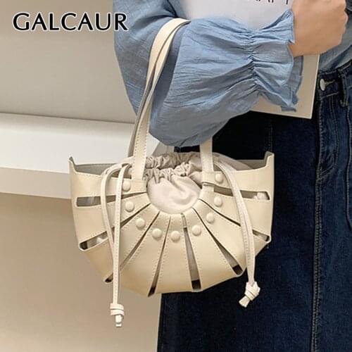 GALCAUR Solid Bag For Women Patchwork Hollow Out Drawstring Designer Fashion Accessories Woven Bags Female 2021 Vintage New