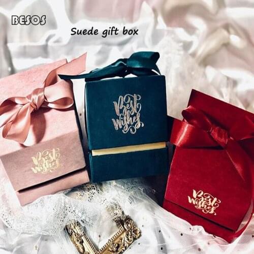High-end Creative Square Pink Red Gilding Letter Ribbon Suede Gift Box Party Wedding Candy Jewelry Package Decorative Gift Box