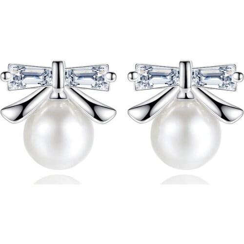 S925 Silver Earring Sparkling Bow Pearl Stud Earring For Women Wedding Gift Lady Girl Fashion Zircon Jewelry