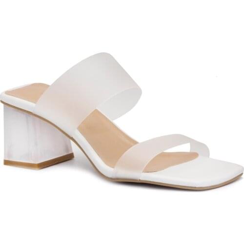 Gedikpasalı Nwa 123 White 2021 Summer Season Women 'S Slippers Evening Party Dress Wedding Square Heels Transparent Mat Banded Pumps Steyl