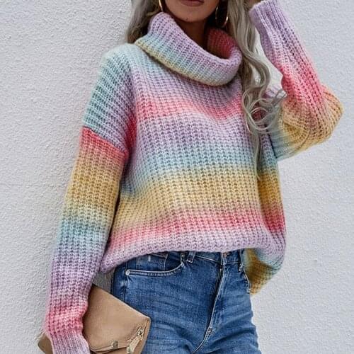 Autumn rainbow knitted pullover turtleneck plus size sweater women pullovers 2021 winter womens vintage sweaters Fashion Jumper