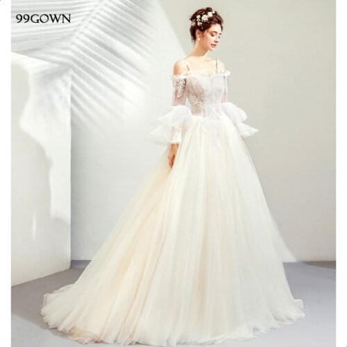 99GOWN Luxury Satin Embroidery Women 2019 Simple Wedding Dress Sweep Train Long Flare Sleeve Tulle Bridal Dress