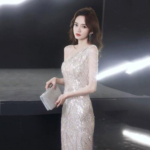 2021 Women Slim Long Mermaid Evening Party Gowns Sparkly One Shoulder Sequined Prom Dresses