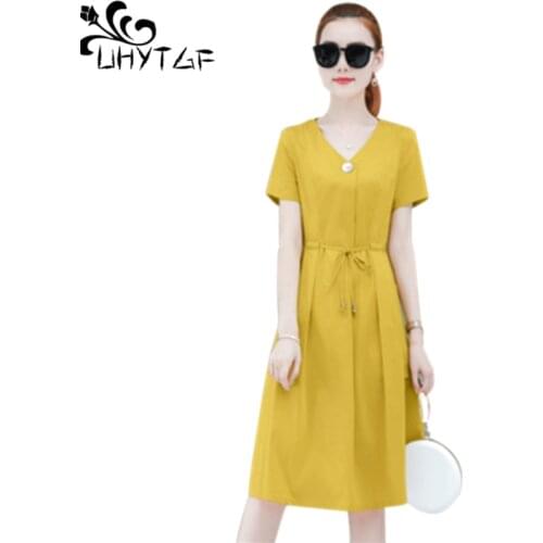 UHYTGF Women dress Korean casual Plus size dresses for women short sleeve beach elegant dress temperament bandage dress Women940