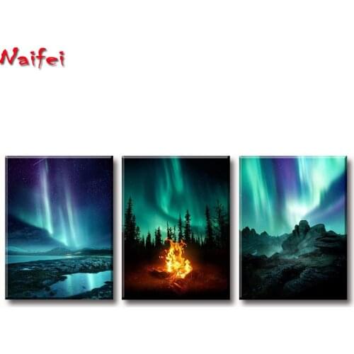 5D DIY Diamond Painting Mosaic Home decoration 3 piece Blue green northern lights landscape Full Square round Diamond Embroidery