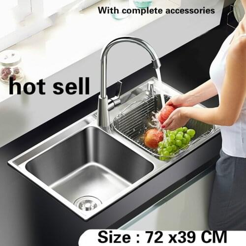 Free shipping Food grade 304 stainless steel hot sell kitchen sink double trough 0.8 mm thick ordinary 72x39 CM