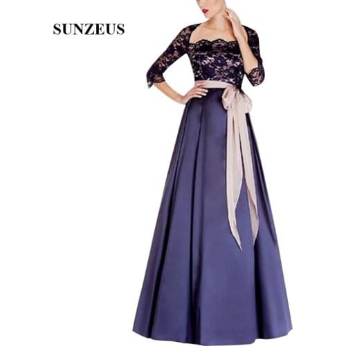 Three Quarter Sleeves Black Lace Mother Of The Bride Dress With Sash Long Navy Blue Satin Women Formal Gowns Elegant Party Dress