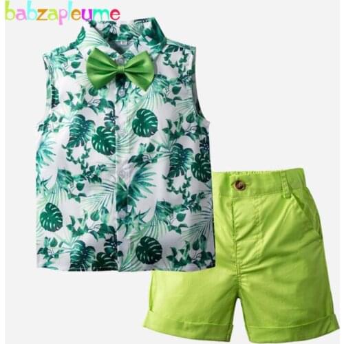 2Piece Children Summer Sets Boutique Kids Clothing Fashion Gentleman Print Sleeveless T-shirt+Green Shorts Baby Boy Clothes 1908