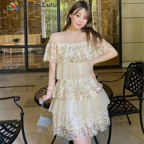 EDGLuLu Elegant O-neck Short Sleeve Mesh Patchwork Sequins Birthday Outfits For Women 2021 Party Cascading Ruffles Dress 0417