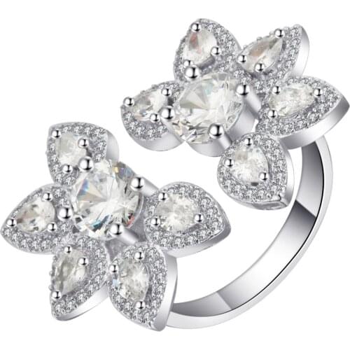 Elegant Micro Pave Cubic Zirconia Two Flower Rings White Gold Filled Beautiful Plant Women Finger Rings For Engagement Drop Ship