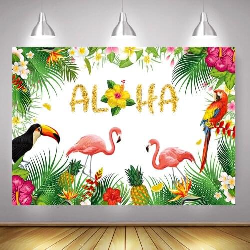 Aloha Flamingo Party Backdrop Photo Shoot Summer Floral Birthday Party Background Tropical Fruit Green Jungle Leaves Photocall
