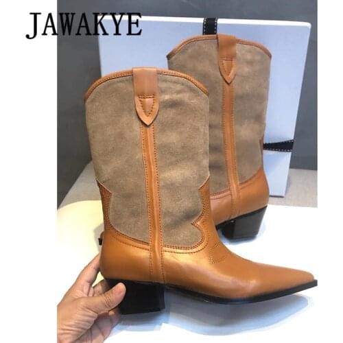 Brown Parthowrk Leather Cowboy Boots Women Handsome Pointy Chunky Low Heels Women Shoes Embroidery Slip-on Dress Chelsea Boots