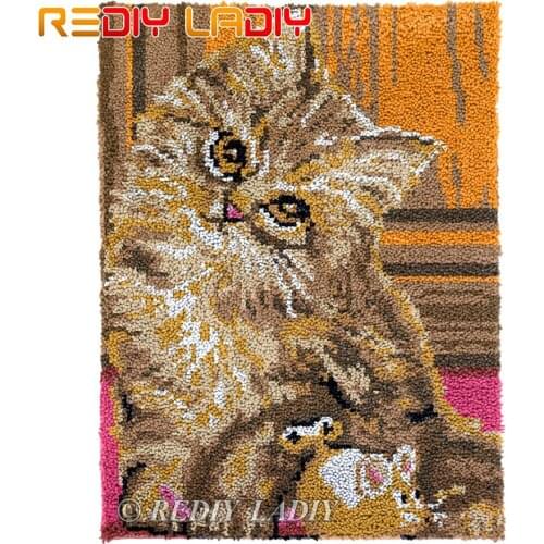 Latch Hook Rug Cat with Mouse Chunky Yarn Tapestry Kits Crocheting Cushion Mat DIY Carpet Rug Needlework Hobby & Crafts 61*81cm