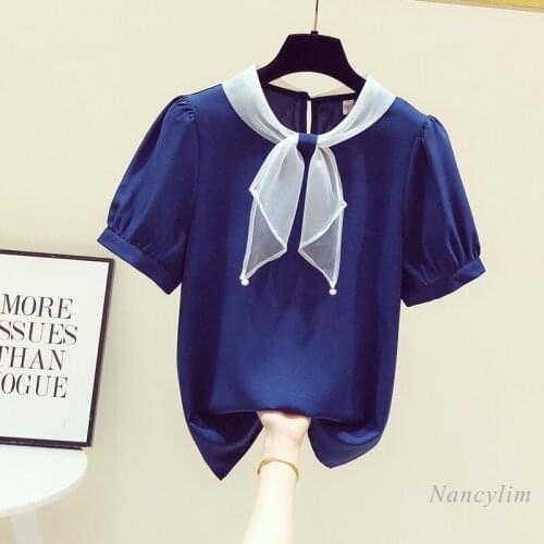 Summer Short Sleeve Chiffon Shirt for Women 2021 New Bow Collar Casual All-Match Blue Blouses Femme Blusas Mujer Nancylim