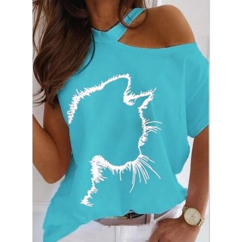 Fashion Off Shoulder T Shirt Women 2021 Summer Casual Tops Sexy Blouse Short Sleeve Tees Cat Print Loose Ladies T-shirt D30