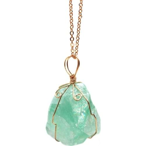 Natural Fluorite Healing Crystal Full Wire Wrap Unpolished Raw Stone Necklace 1pcs