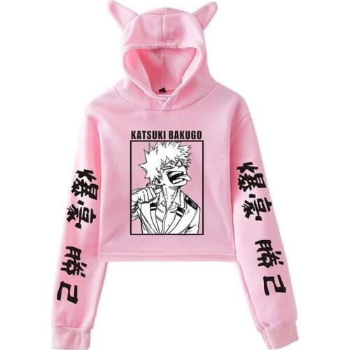 Girls New Product Anime My Hero Academia College Navel Bare Short Cat Ear Hoodie Bakugou Printed Sportswear Jumper Clothes