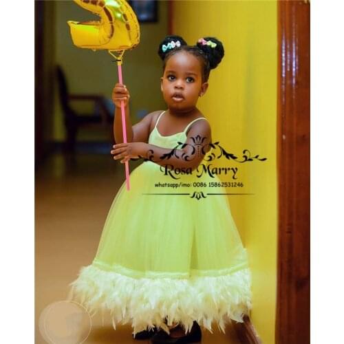 Lovely Yellow Feather Girls Pageant Dresses For Wedding 2020 Cupcake Plus Size Cheap Girls Birthday Party First Communion Gowns