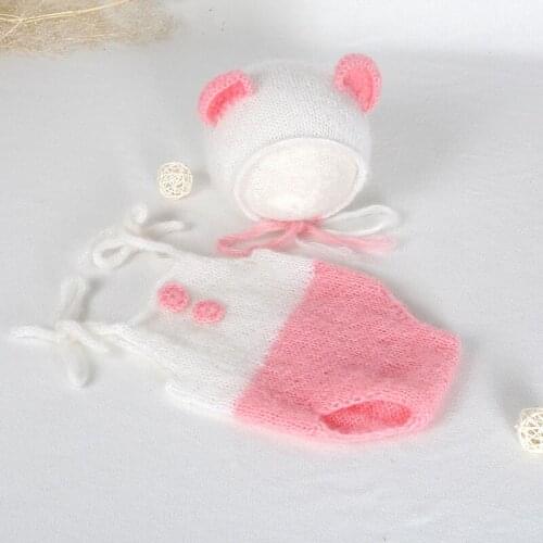 Pink Newborn Romper Props Lovely Baby Girl Hat Outfit Knit Soft Girls Photo Props Newborn Teddy Bear Hat Pants Christmas Gift