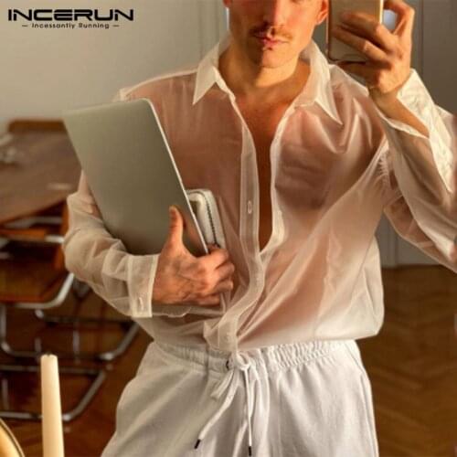 INCERUN Spring Transparent Man Sexy Nightclub Pocket Camisa Men Solid Color Mesh Shirts Long Sleeve Lapel Neck Blouse Plus Size