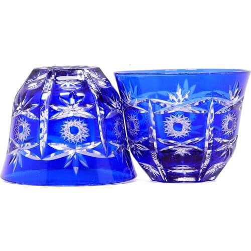 Hand Cut Colored Glasses Tea Cup Sake Whiskey Old Scotch Glass Tumbler Blue Handcraft Set of 2