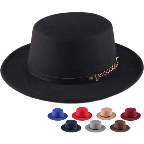 New Solid Color Autumn Winter Fashion Wool Hat Simple Round Flat Top Vintage Wide Fedoras Hats for Women Wide Brim Chain Cap
