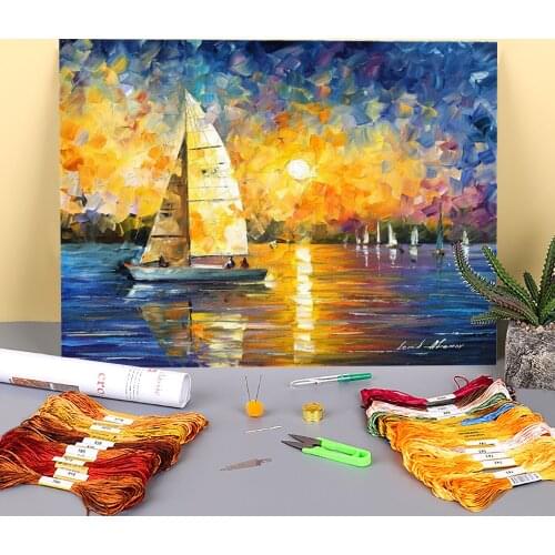 Sailing In Cancun Printed Fabric 11CT Cross Stitch DIY Embroidery Patterns DMC Threads Needlework Handmade Painting Adults