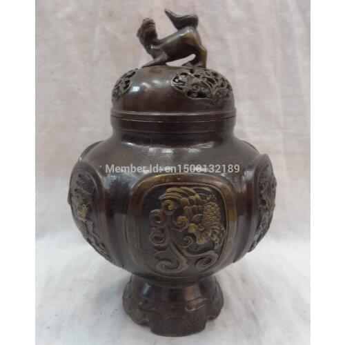 Xd 0042 8" China Bronze Buddhist Dragon Phoenix Statue Tibet Style Incense Burner Censer
