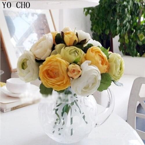 YO CHO Fake Flower Artificial Silk 10 Head Rose Lotus Flower Bridesmaid Bouquet Flower Arrangement Handmade Home Wedding Bouquet