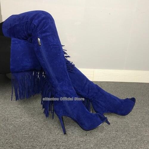 New style blue suede over the knee long boots women Tassel thin high heel shoes peep toe concise runway show boots real photo