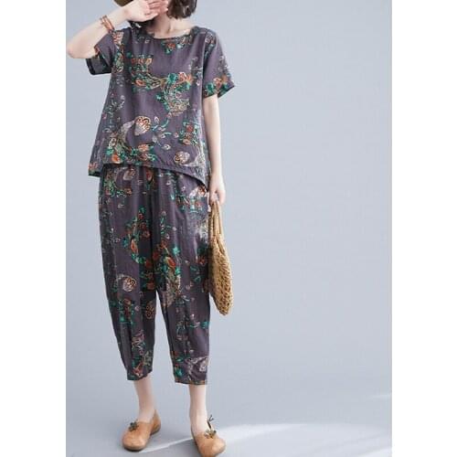 Oversize Summer Two Piece Sets Large Size Women Suit Elegant Cotton Floral Cotton Tshirts+High Waist Linen Harem Wide Leg Pants